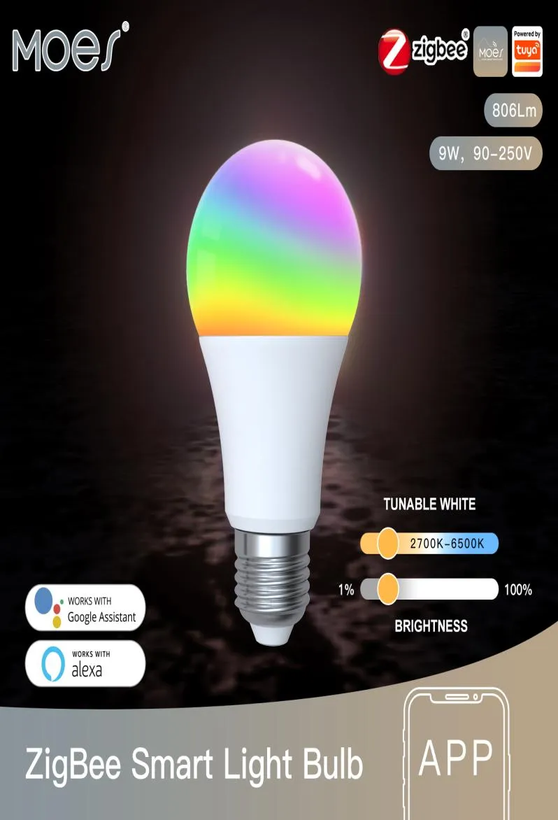 Moestuya akıllı uygulama uzaktan kumanda zigbee akıllı LED ampul E27 Dimmable RGB beyaz renk lambası 806LM Alexa Google Home Sound Con8369048