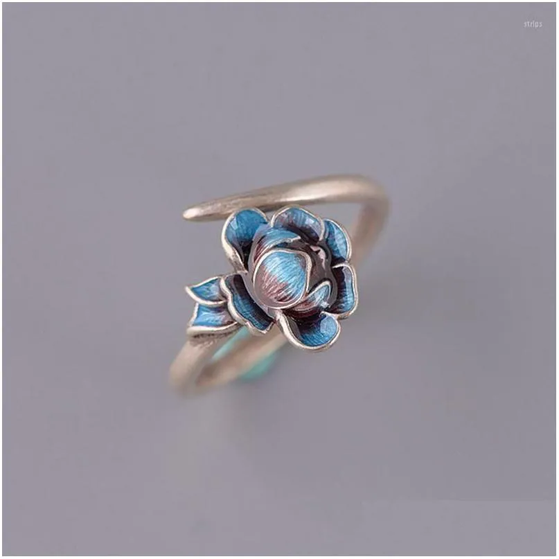 Bagues de cluster Paysage chinois Thai Blue Bague Femelle Lotus Pivoine Ouverture Réglable Bijoux Accessoires Drop Livraison DH6WA