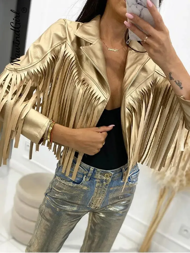 PU Leather Tassel Women's Jacket 2023 Autumn Turn Down Collar Spliced Casual Jackets Female Fashion Streetwear Short Coats 231227