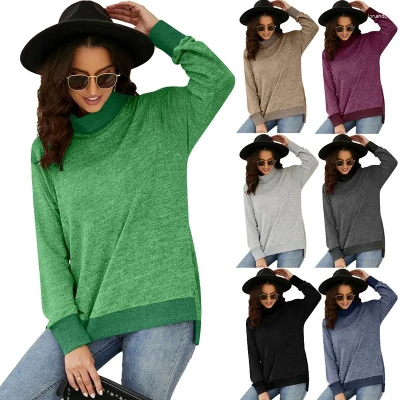 Damen-Kapuzenpullover, Damen-Herbst, lässig, langärmelig, Rollkragenpullover, Farbblock, seitlich geteilt, hoher, niedriger Saum, Pullover, T-Shirts, Tunika-Oberteil