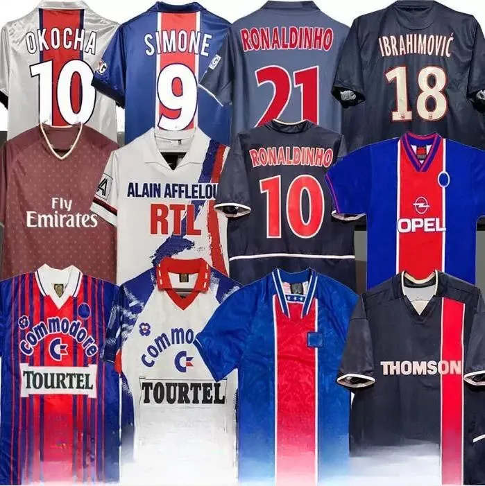 Maglie da calcio retrò Maillots de calcio Shirt Paris 90 91 92 93 94 95 96 97 98 99 00 01 02 03 03 12 17 18 Vintage Uniform Okocha Pauleta Weah Cavani Di Maria Ronaldinho