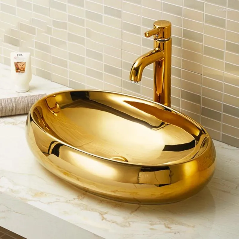 Torneiras de pia do banheiro lavatório dourado oval cerâmica banhado a ouro vaidade el