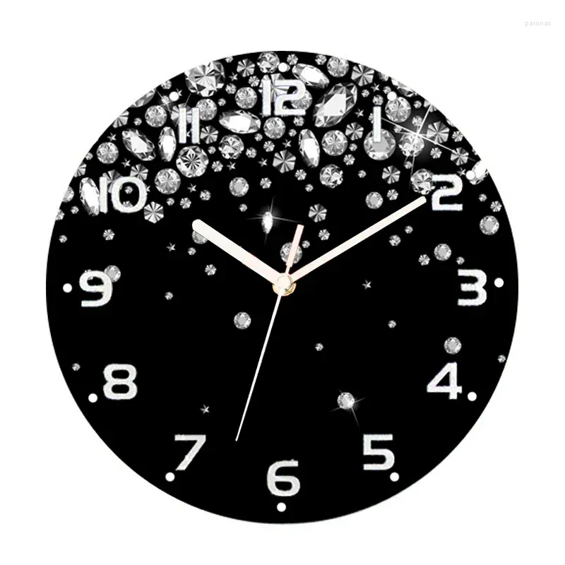 Wall Clocks Black Glitter Jewelry Falling Gems Sparkle Shiny Diamond Print Clock Living Room Big Round Hanging Silent Decor