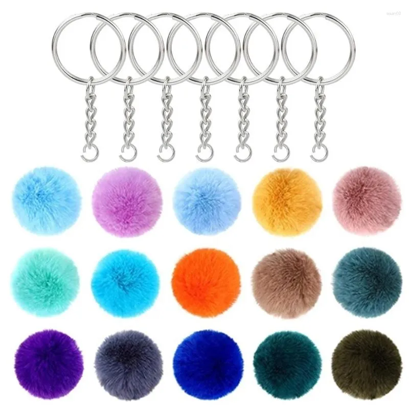 Keychains 30st nyckelring med pom poms bollkedja hoppringar inställda för DIY hantverk smycken tillverkningstillbehör