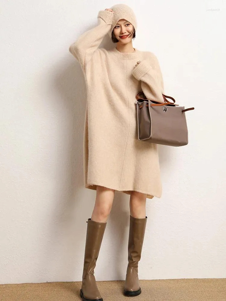 Casual Dresses Cashmere 2023 Autumn And Winter Women's Thickened Commuting Loose Round Neck Slit Mid-Length Thigh Dress