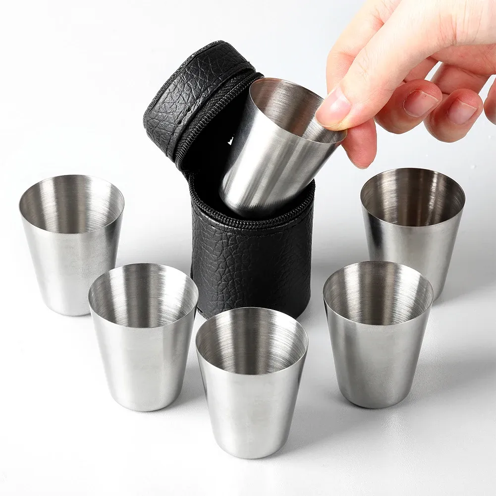 4st/set rostfritt stål skjutglas espressokoppar Barware Drinking Vessel med svart läderbärande fodral för whiskyvin i hemmet utomhus
