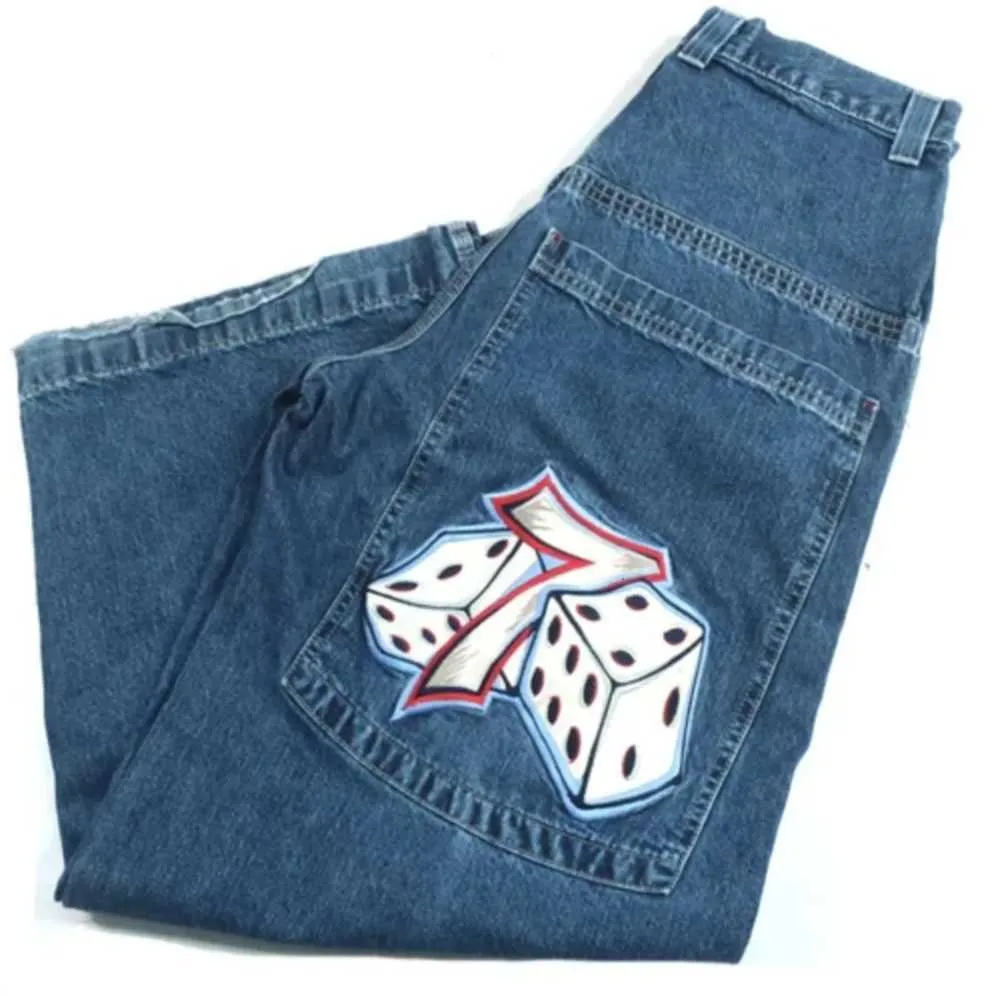 Дизайнерские джинсы Jnco Y2k Мужские хип-хоп кости с графической вышивкой Мешковатые ретро синие брюки Harajuku Готические широкие брюки с высокой талией H9
