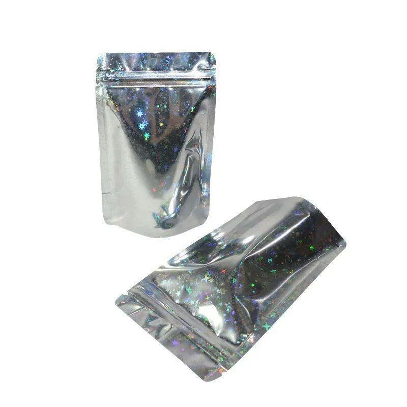 Sacos à prova de cheiro resealáveis Saco de bolsa de folha Saco Mylar plano para festa Favor Armazenamento de alimentos Cor holográfica com estrela brilhante Qcvat Bqqtb