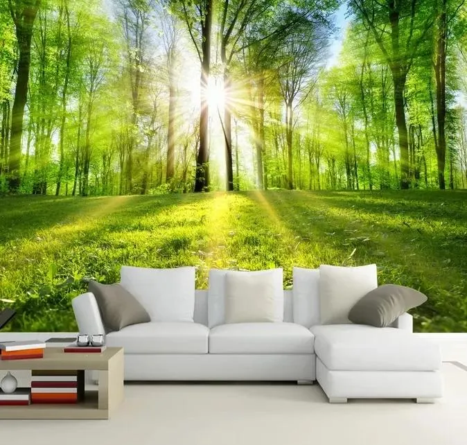 Fonds d'écran le soleil brille à travers la forêt toile de fond 3d Photo murale forêt papier peint pour fond chambre 3D Mur Mur