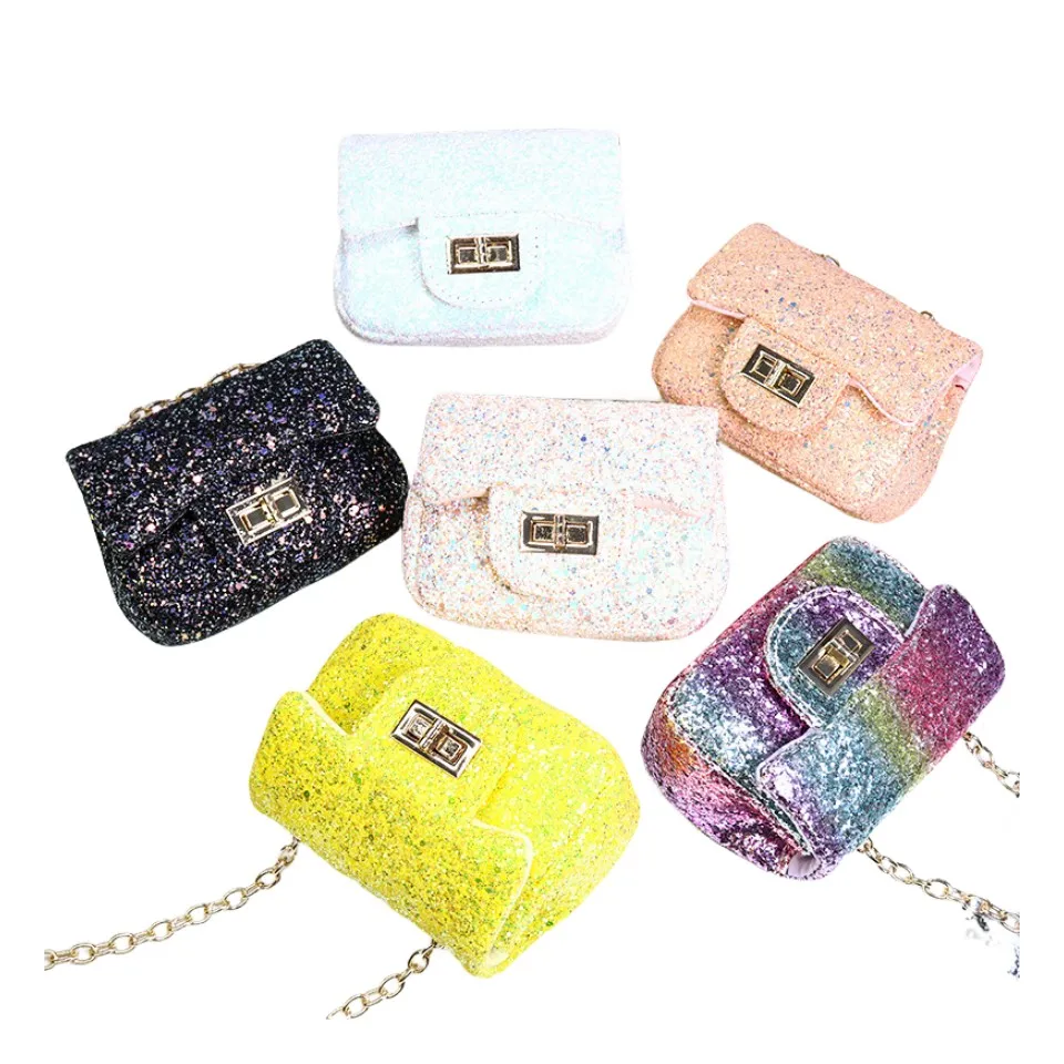 Moda crianças bling lantejoulas bolsas grandes meninas arco-íris ombro único saco princesa crianças metais corrente sacos do mensageiro s0978