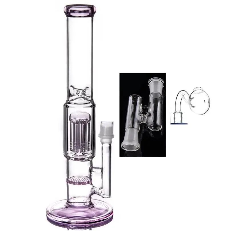 Bong in vetro spesso dritto colorato rosa Bong in vetro spesso con tacche di ghiaccio 2 funzioni Bong in vetro Pipa ad acqua in vetro Pipa per fumatori Narghilè Dual Perc 18 mm