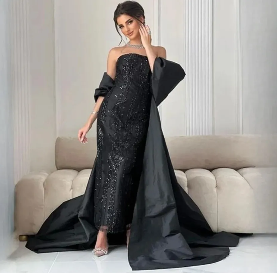 Abito da sera con paillettes a sirena nera 2024 senza spalline in raso di lunghezza del pavimento abiti da ballo formali per feste arabo Dubai Robe De Soiree