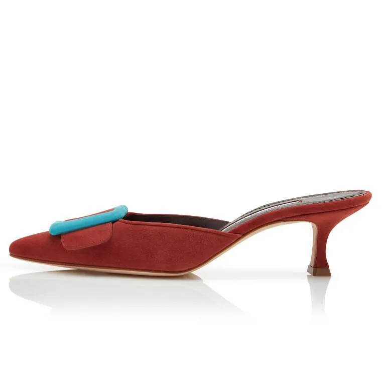 Sandalias famosas Bombas Perfect Maysalebi 50 mm Rojo y azul claro Mulas de gamuza Italia de moda
