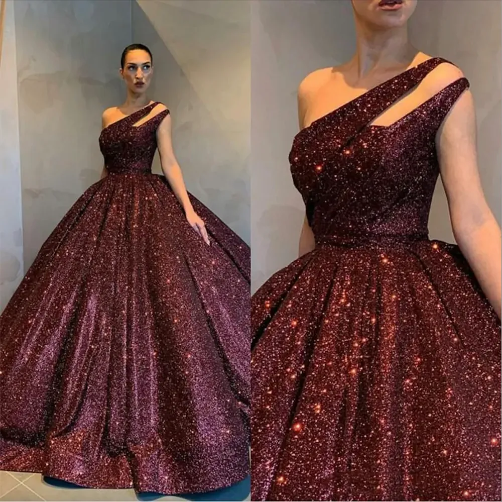 2024 Vestidos de Noite Reflexivos Borgonha Sem Mangas Vestido de Baile Lantejoulas Um Ombro Desgaste do Feriado Celebridade Vestidos de Baile Plus Size Custom Made