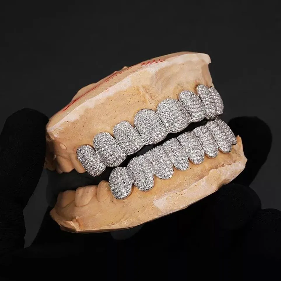 Exclusief maatwerk Moissanite tanden Grillz ijskoude Hop 925 zilveren decoratieve beugels echte diamanten bling tandgrills voor mannen 221O