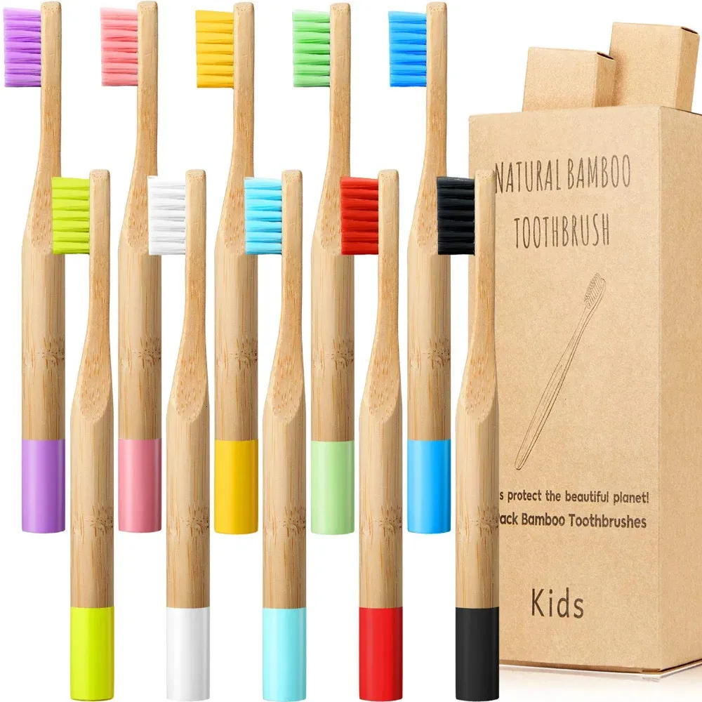 10 Pieces Kids Bamboo Toothbrush Natural Cylindrical Toothbrush Wooden Toothbrushes Toddlers Wood Organic Toothbrush BPA-Free 231227