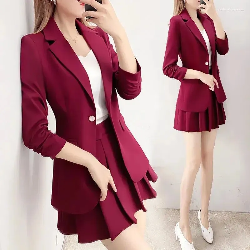 Arbeit Kleider frauen Herbst Koreanische Mode Roten Anzug Mantel Kleid Zwei Stück Sets 2023 Weibliche Lose Beiläufige Blazer Femme mini Rock Set