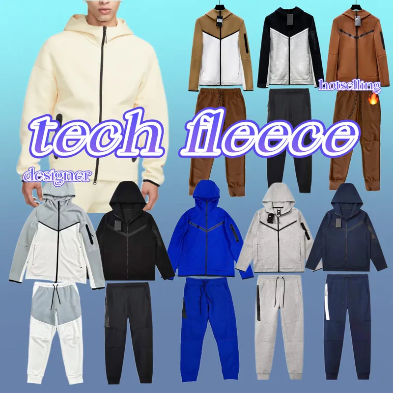Teknisk fleece designer herrkvinna byxor män full-zip hoodie sweatpants windrunner sportkläder jacka reflekterande midja sladd ficka tejp träning