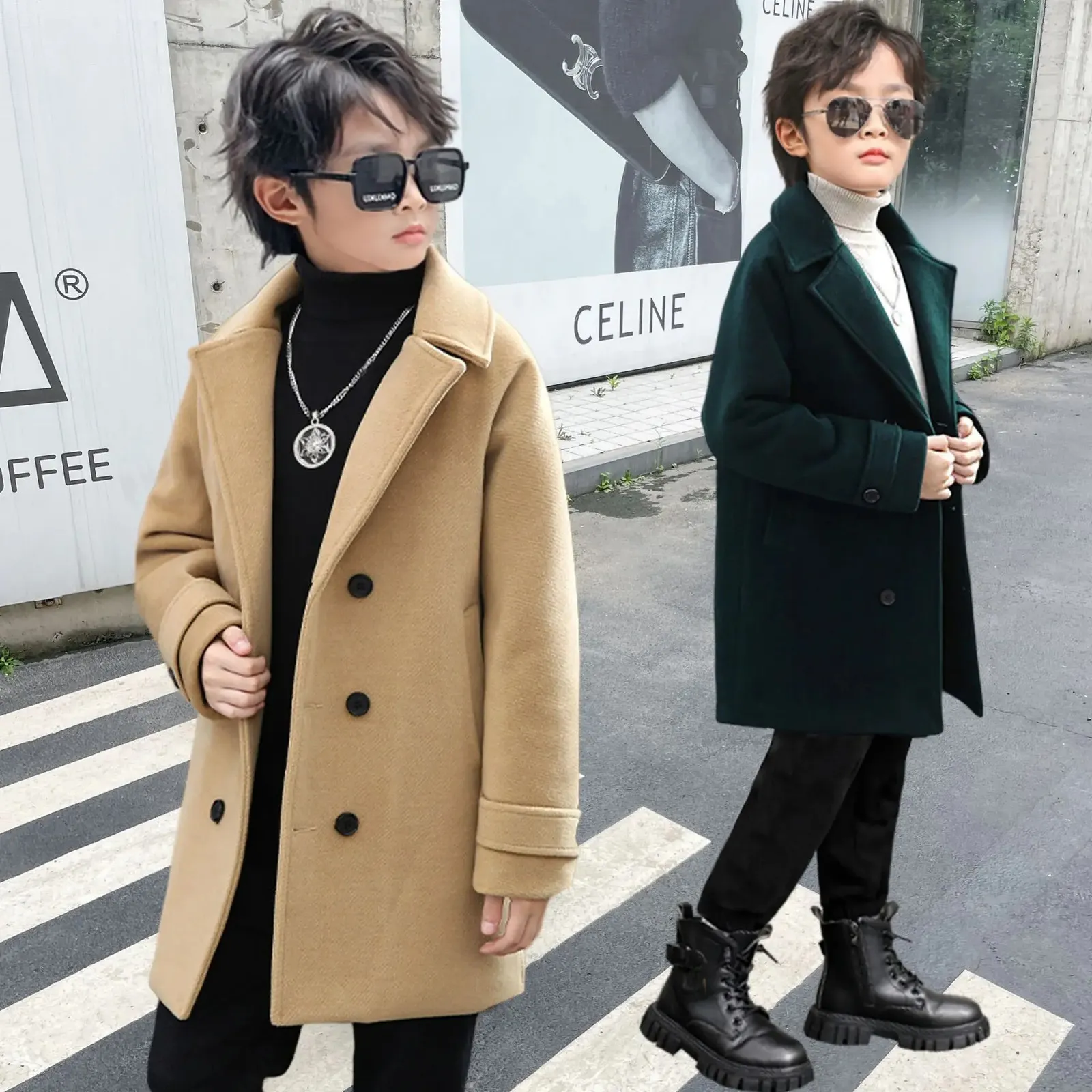 Kids Winter Green Khaki Wool Coat Boys Girl Windproof Outdoor Long Jacket Children Fromal Birthday Party Pogography wełniany 231227