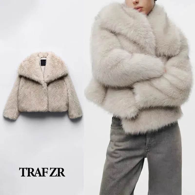 TRAF ZR abrigo de piel de invierno para mujer 2024 abrigos y mezclas de lana ropa de abrigo corta gruesa con ropa de lujo de pelo largo 231226