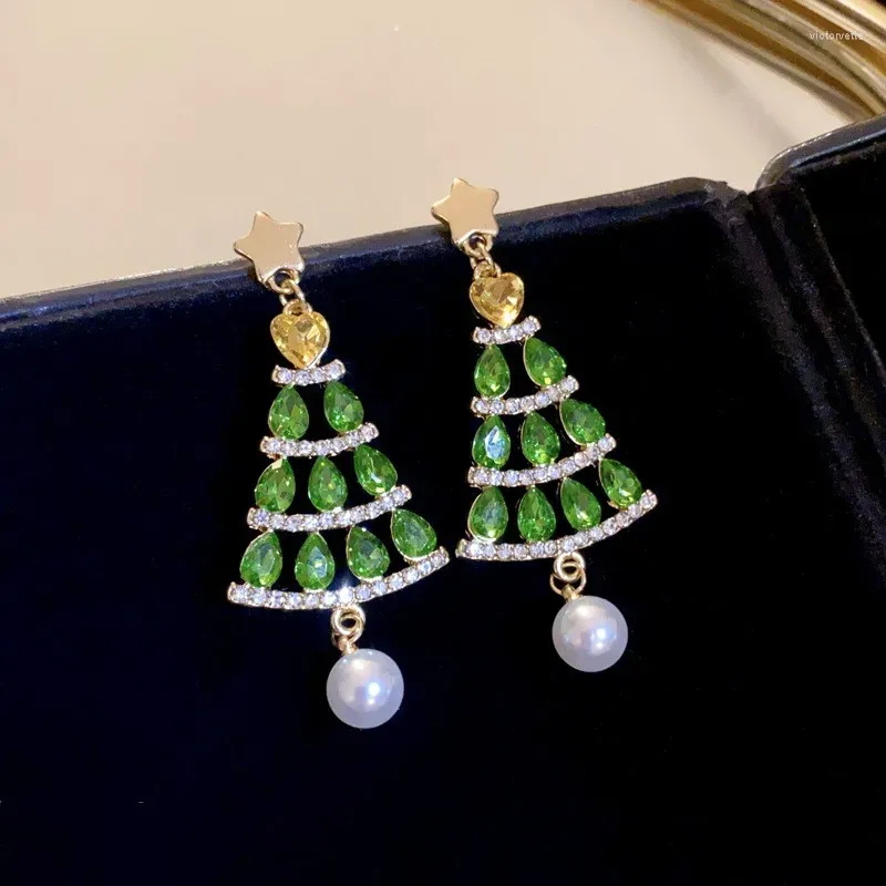 Orecchini a bottone Albero di cristallo verde di Natale Perla Orecchino pendente per donna Strass scintillanti Zircone Fiocco di neve Alce Gioielli Regalo per ragazza