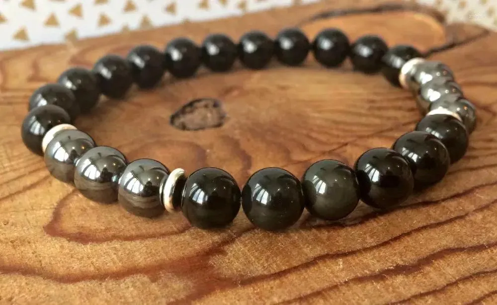 Perlenstrang 8MM Schwarzer Onyx Hämatit Armband Schutz Handgelenk Mala Yoga Stressabbau Wunderschön Geschenk für Männer
