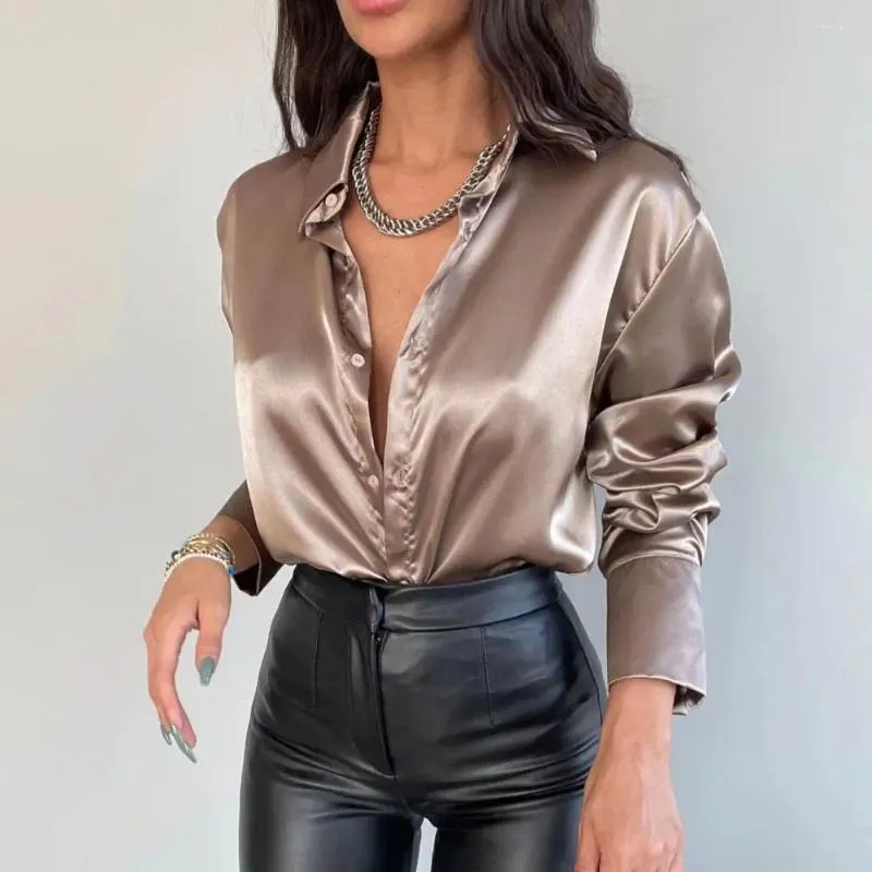 Blouses Femmes Femmes Automne Printemps Chemise Soyeux Satin Simple Boutonnage Revers Manches Longues Lâche Doux Formelle Style Élégant Lady Commute Blouse