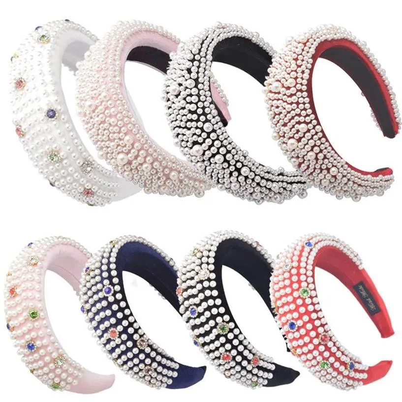 Colorful Diamond Headband Deeply Full Pearl Padded Velvet Headbands For Women Thick Alice Plush Hairband Crown Hair Accessories229U