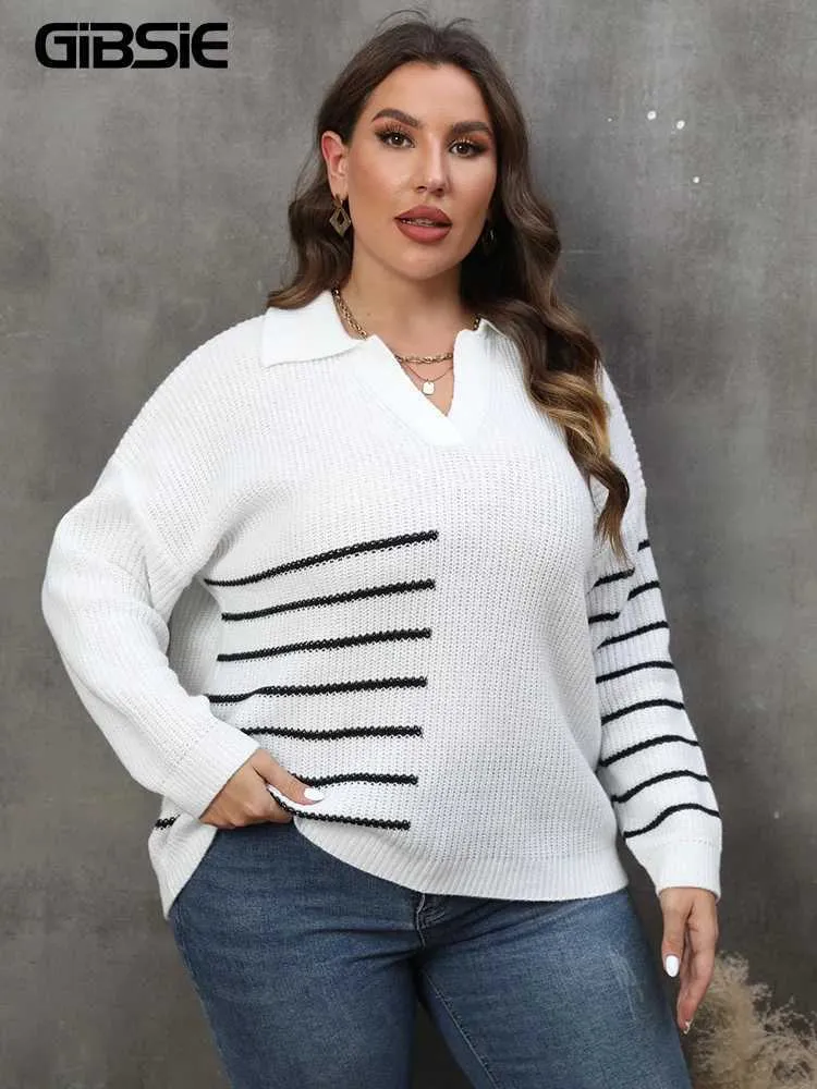 Kvinnors tröjor gibsie plus size drop axel randig stickad pullover tröja kvinnor 2023 Autumn Winter Casual Long Sleeve Black White Sweaters J231227