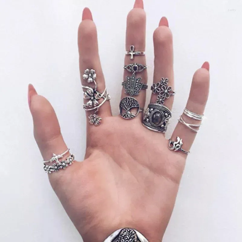 Klusterringar Böhmen Lotus Rose Flower för kvinnor Black Stone Metal Alloy Knuckle Midi Ring Set Jewelry Anillos 14st/Set 6391