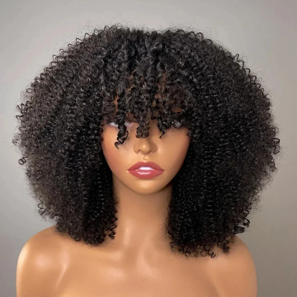 Perruques Afro crépues bouclées avec frange 200% densité brésilienne Remy cheveux humains pleine Machine faite perruques courtes Afro bouclés perruques pour les femmes 231227