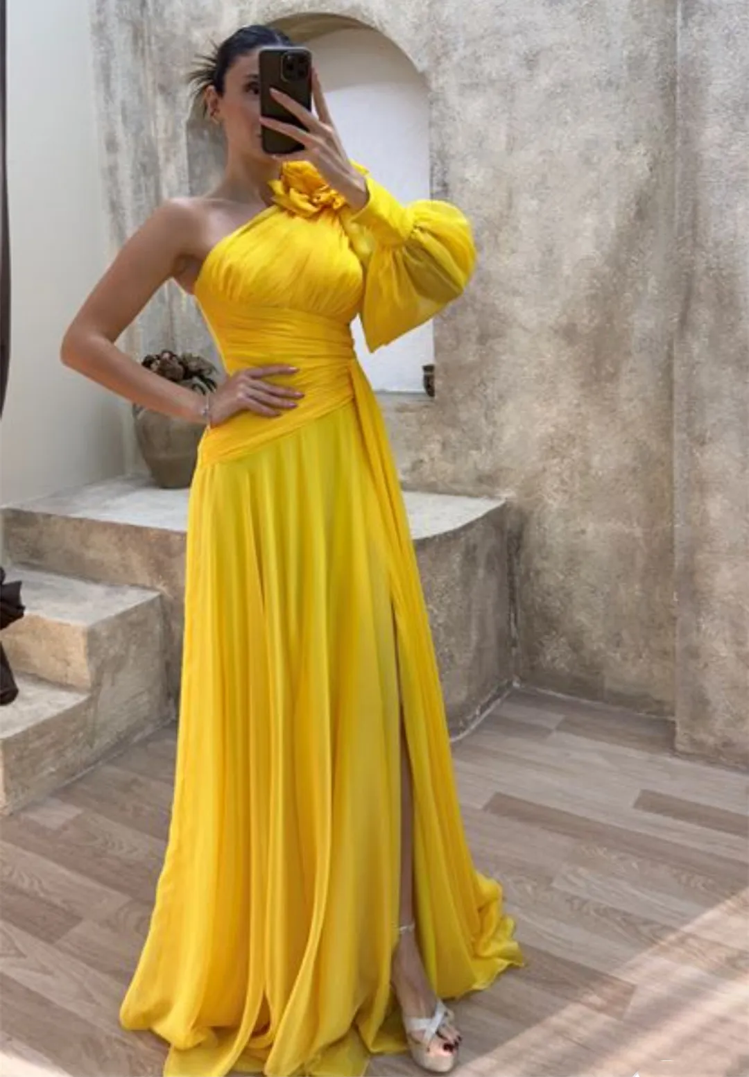 Floral Yellow One-Shoulder Evening Party Dress Floral Yellow One-Shoulder Evening Party Dress