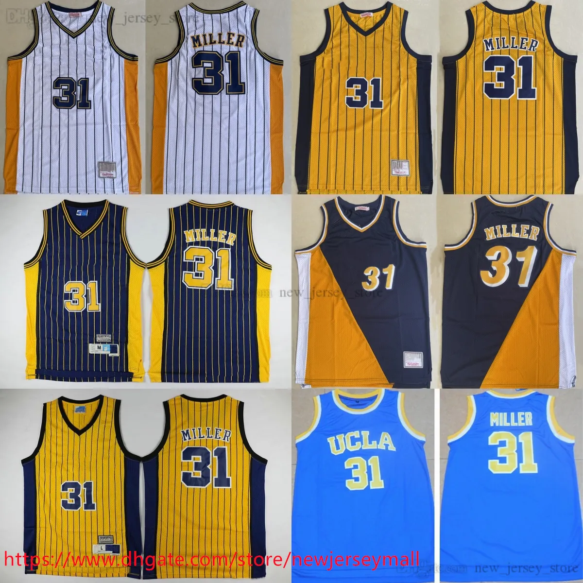 Классический ретро MitchellNess Basketball Reggie 31 Miller Jersey Классический винтажный сшитый желтый синий белый трикотаж в полоску Miller Дышащая спортивная рубашка