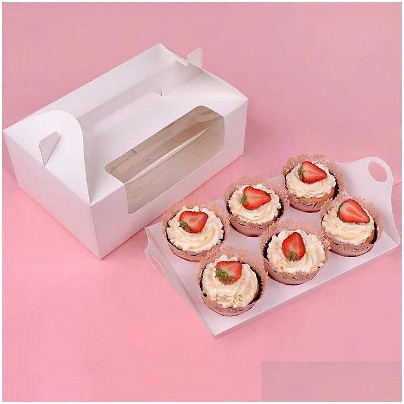 Boîte de cupcake en papier de faveur de fête avec fenêtre 6 trous boîtes d'emballage de muffins de gâteau de mariage porte-cadeau d'anniversaire fournitures d'emballage Za4021 Dro Dhpui