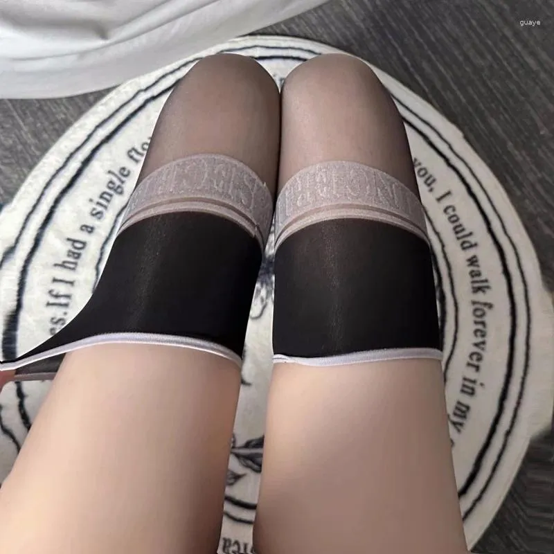 Women Socks Letter Print Rib Cut Edge Thigh High Stockings Sexy Oil Shiny Transparent Underwear Stretchy Nylon Foot Shaped