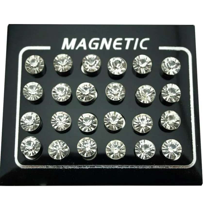 Regelin 12 Par Lot 4 5 6 7mm Round Crystal Rhinestone Magnet Stud Earring Puck Women Herr Magnetic Fake Ear Plug Jewelry252o