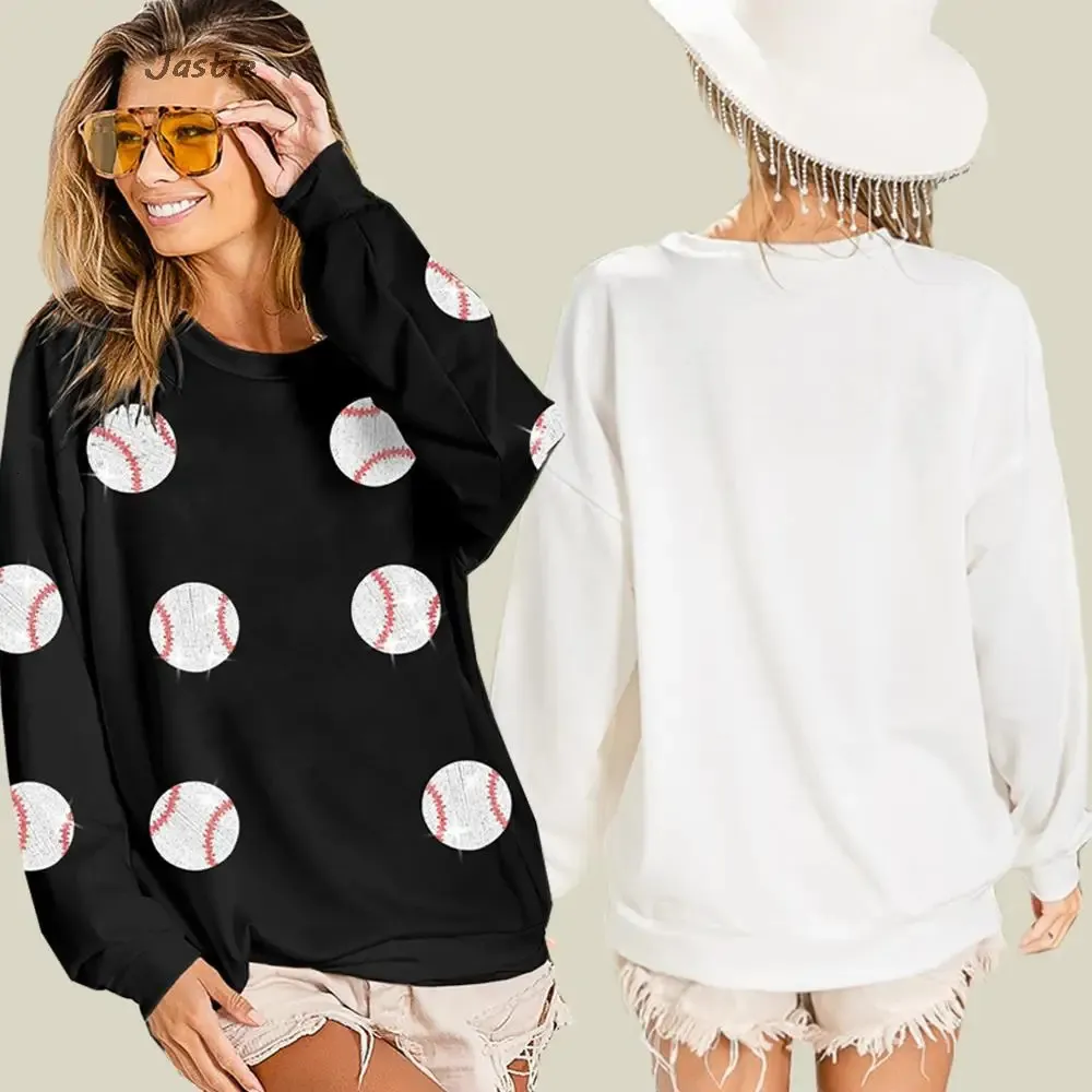 2024 Spring Automne Baseball Sequin Sweatshirt Loose Loose Casual Long Sleeve O Necol Tapover Extérieur pour femmes Tops 231227