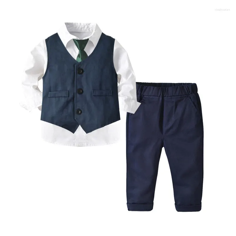 Ensembles de vêtements Vêtements pour garçons Gilet Chemise blanche avec noeud papillon vert Pantalon Nary 3 pièces Costumes formels Infant Kid Gentleman Baby 1 an Anniversaire