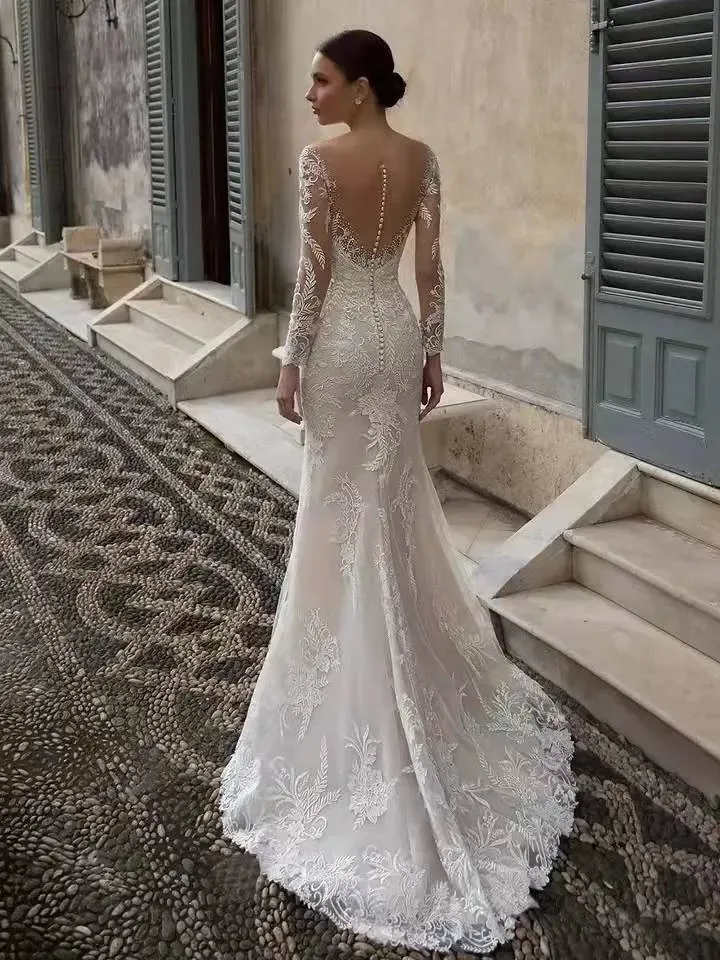 open lace back dress Ivory High Neck Halter Lace Wedding Dress - Open Back Mermaid Wedding Dress with Floral Embroidery Plus Size main image 1