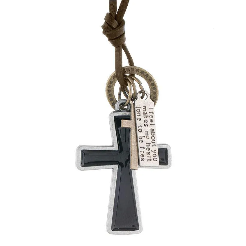 Pendant Necklaces Enamel Jesus Cross Necklace Letter Id Adjustable Chain Pendant Leather Necklaces For Women Men Punk Fashio Dhgarden Dhucm