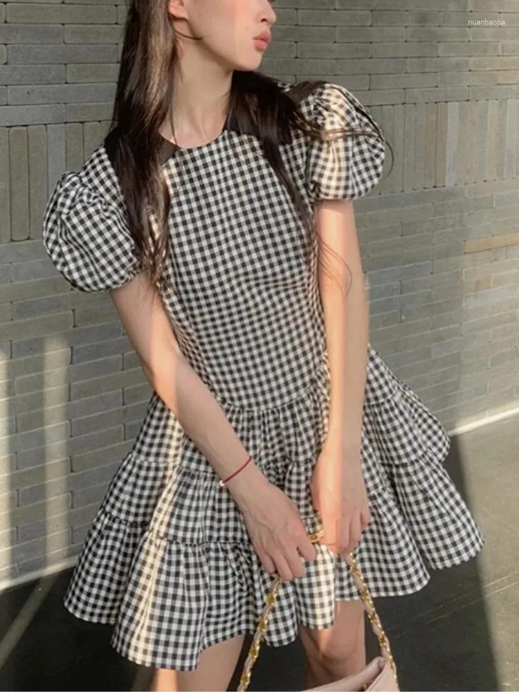 Casual Dresses 2023 Spring Plaid Y2K Mini Dress Women Short Sleeve Vintage Elegant Female Design One Piece Korean