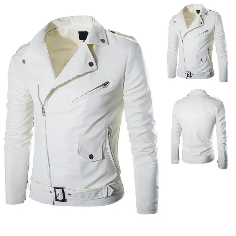 Fashion PU Leather Jacket Men Buckle Zip Lapel Collar British Black White Punk Rock Outwear Coats 2023 231227