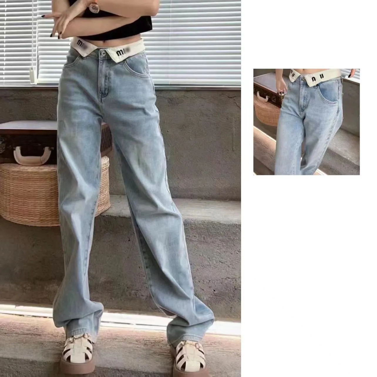 2024 Printemps Jeans Femme Jambe Droite Pantalon Taille Basse Miu Rouleau Taille Lettre Broderie 2024SS Pantalon De Créateur