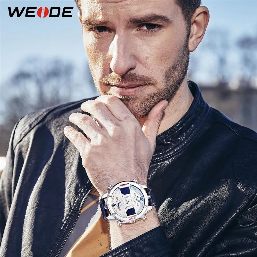 WEIDE Mens Fashion Sports Casual Three Time Zone Quartz Analog Digital Date Clock Leather Strap Military Watch Relogio Masculino214S