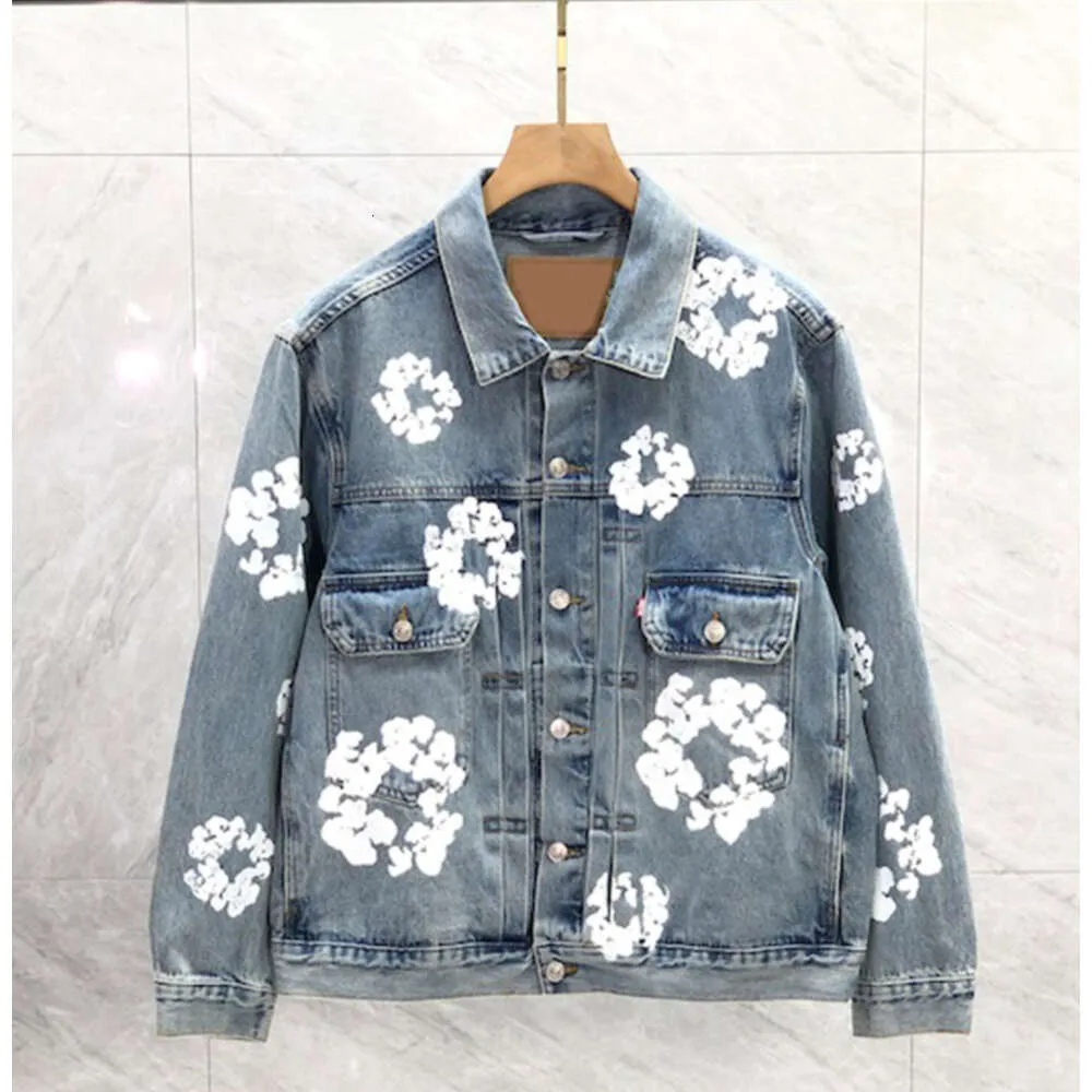 "Stylish Floral Pattern Denim Coat for Women and Men - Designer Wash Blue Jacket with Button Letters, Perfect for S-XL Sizes"