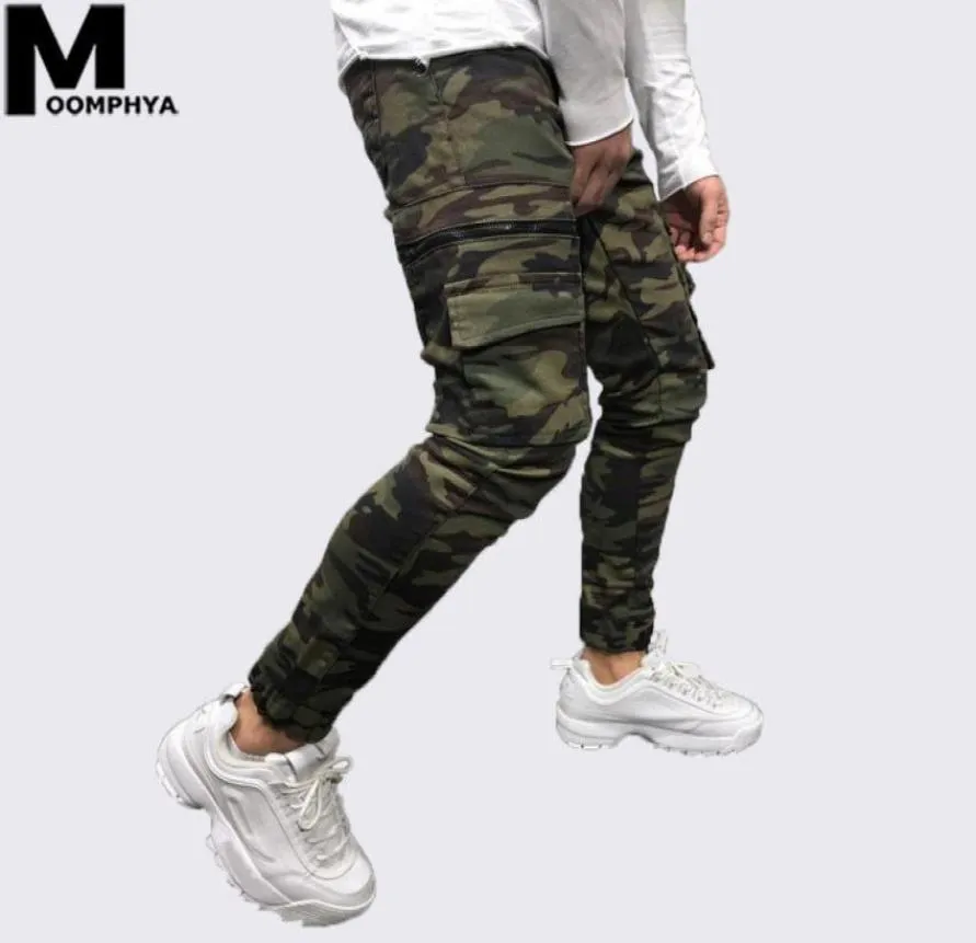 Moomphya 2019 New Camo Pocket Skinny Jeans Men Streetwear Hip Hop Zipper Camoflage Men Jeans Stylish Cargo Pants Biker7063766