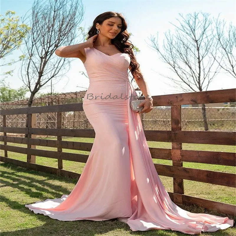 open lace back dress Elegant Dusty Pink One Shoulder A-line Side Split Long Prom Dresses, P –  Wish Gown main image 0