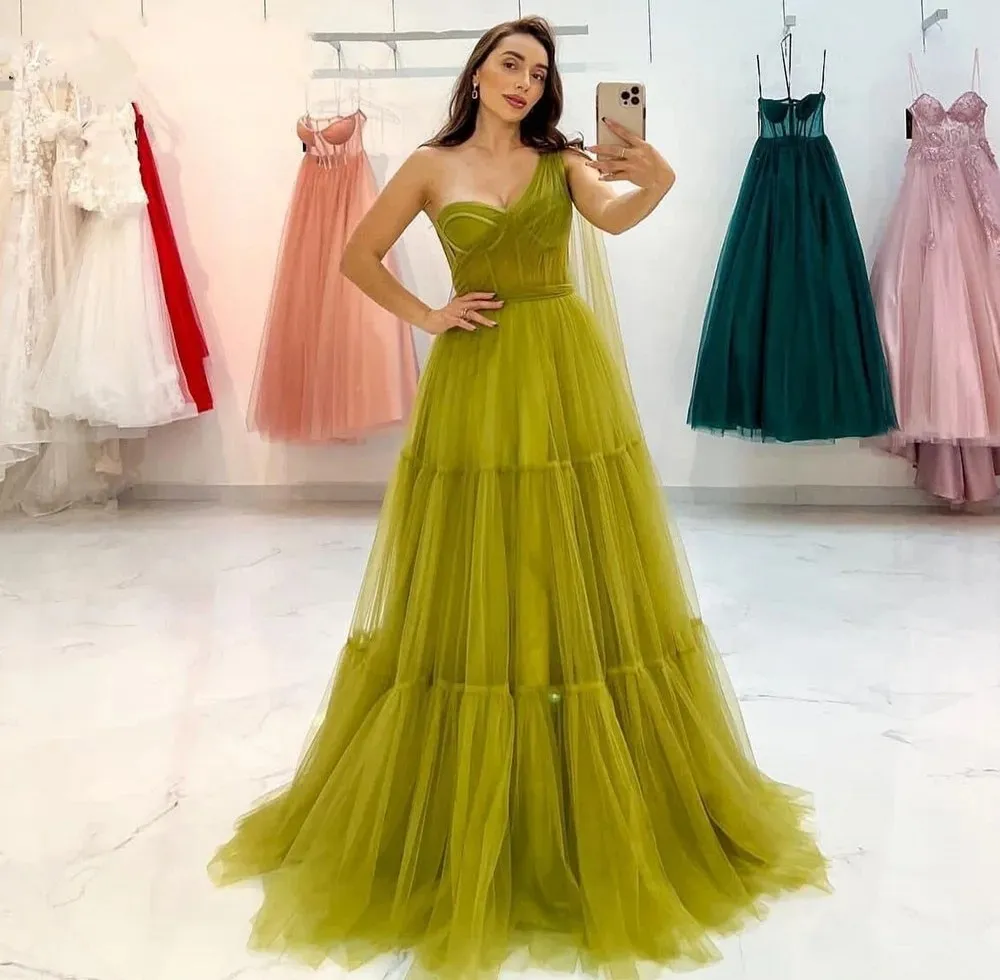 New Oliver Green A Line Prom Dress 2024 Sweet One Shoulder Pleats