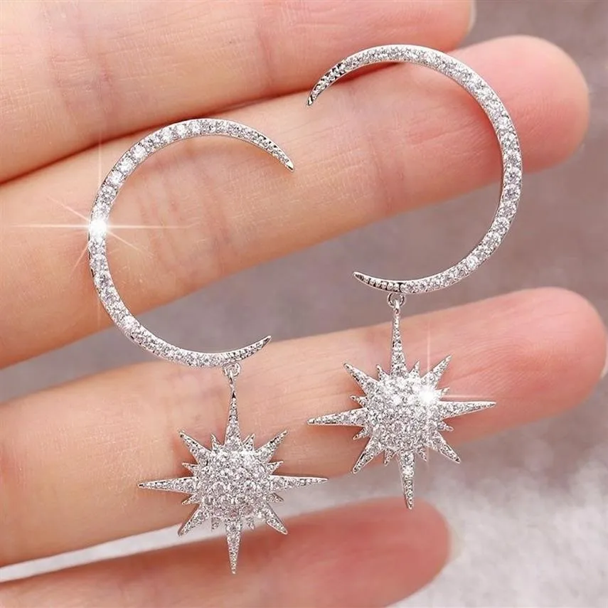 Sparkly 925 Silver 14K Gold Dangling Moon and Star Earrings Starburst Crescent Moon Dangle Earrings Gift till Her230Q