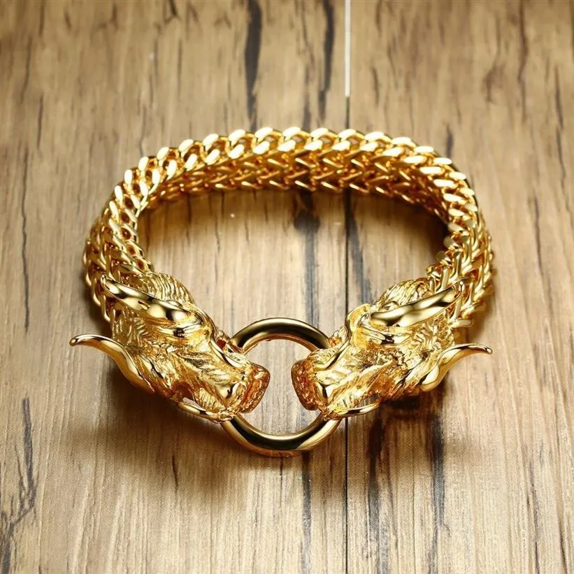Herrpunk dubbel drakhuvud fiskkedja armband för män braslet rostfritt stål guldton hip hop manliga smycken 22 5c230a